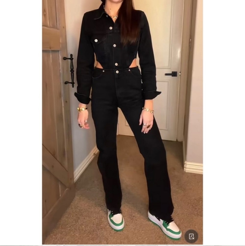 NWT * ZARA Jumpsuit Cut Out Denim Long Wide Leg - Picture 7 of 16